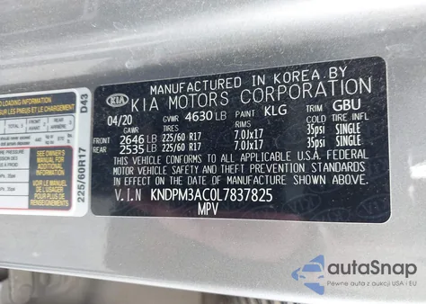 2020 Kia Sportage Lx z USA, uszkodzony, nr VIN KNDPM3AC0L7837825